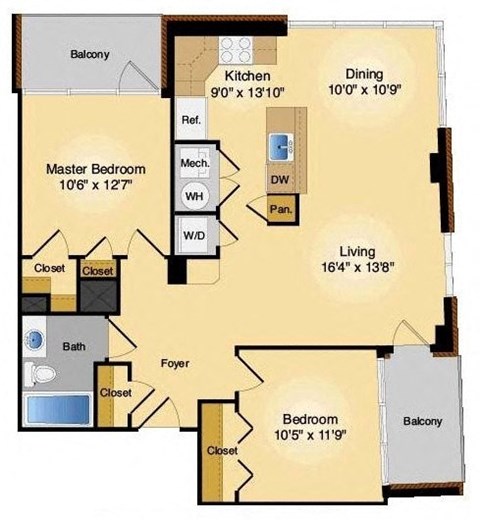 Floor plan for 2 beds, 1 bath, 919 sqft